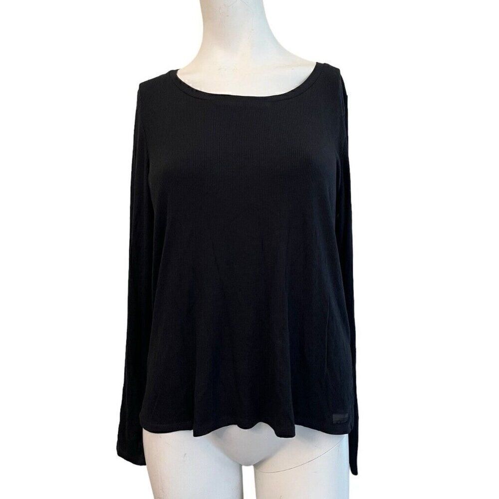 Steve Madden Ladies Large Black Long Sleeve Blouse Ribbed Top Casual Comfort NWT